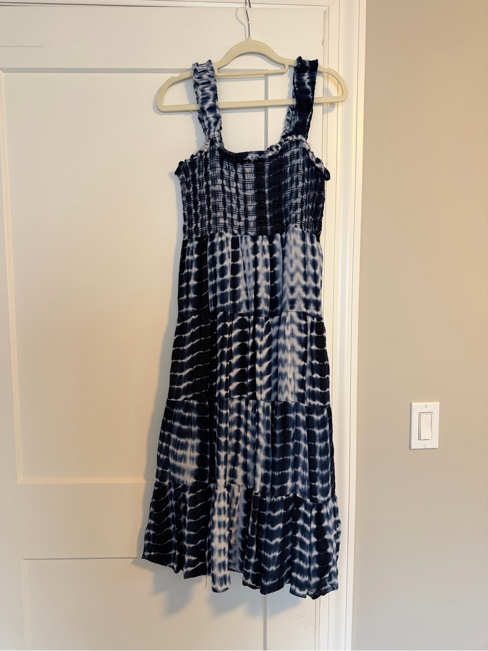 Aqua Navy and White Tie-Dye Smocked Midi Dress